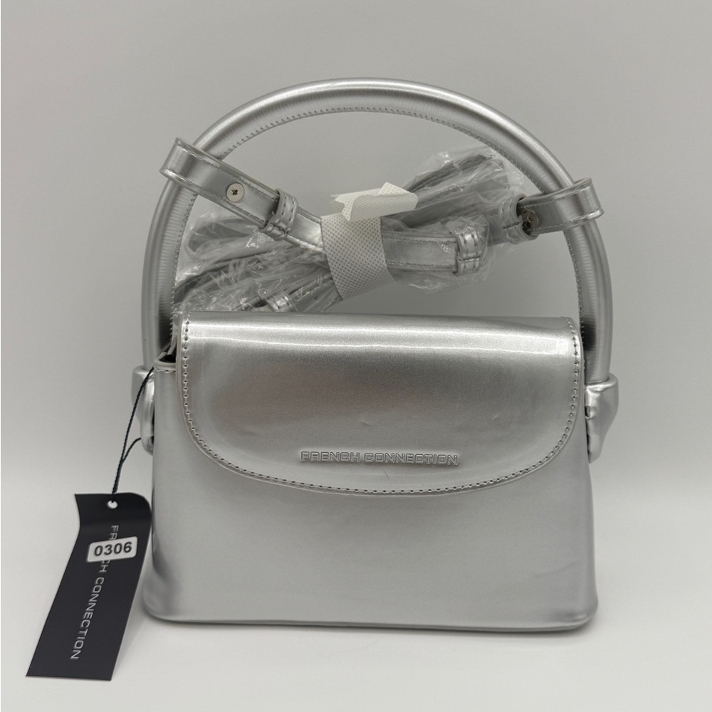 French Connection Mini Silver Top Handle Crossbody Bag – Metallic Faux L…